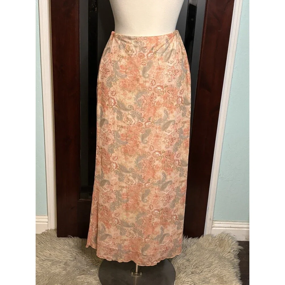 New See You Monday Coral &Grey floral paisley Boho Maxi lined skirt L